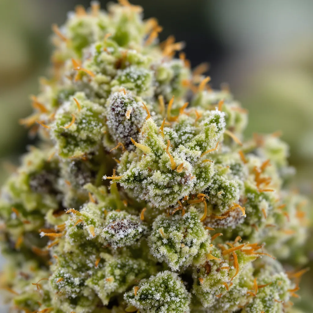 Gros plan de fleur de cannabis Sweet Diesel montrant structure aérée vert lime