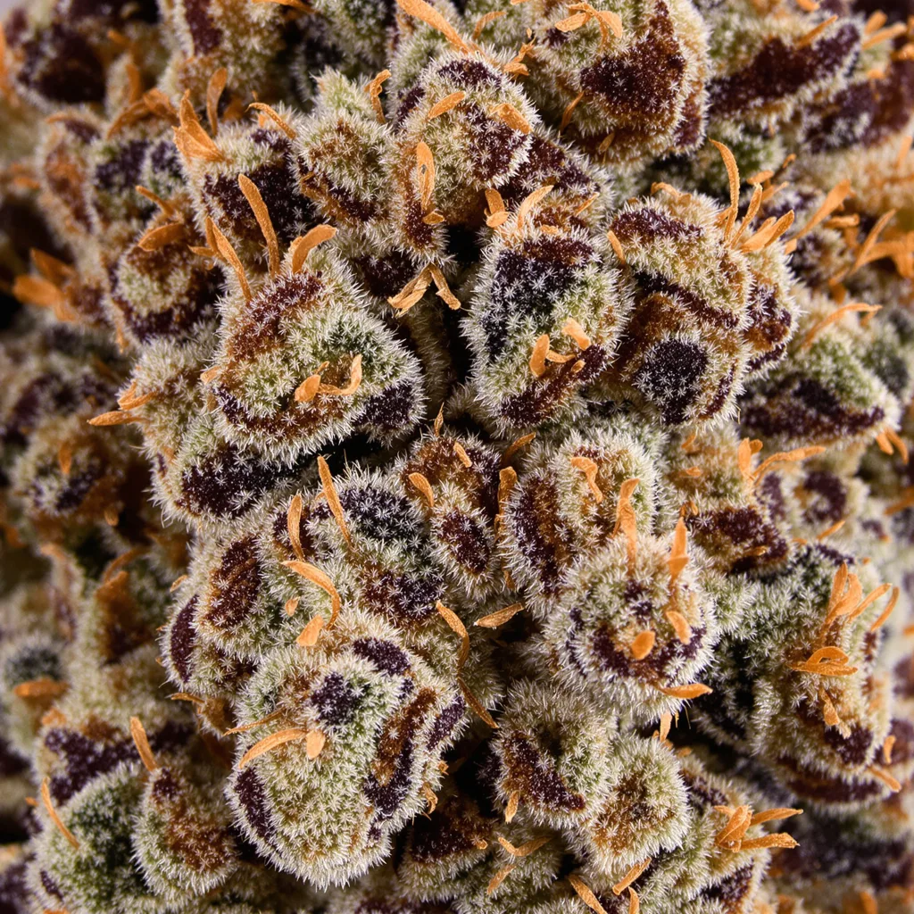 Gros plan de fleur de cannabis Sweet Dream montrant calices denses aux reflets violets