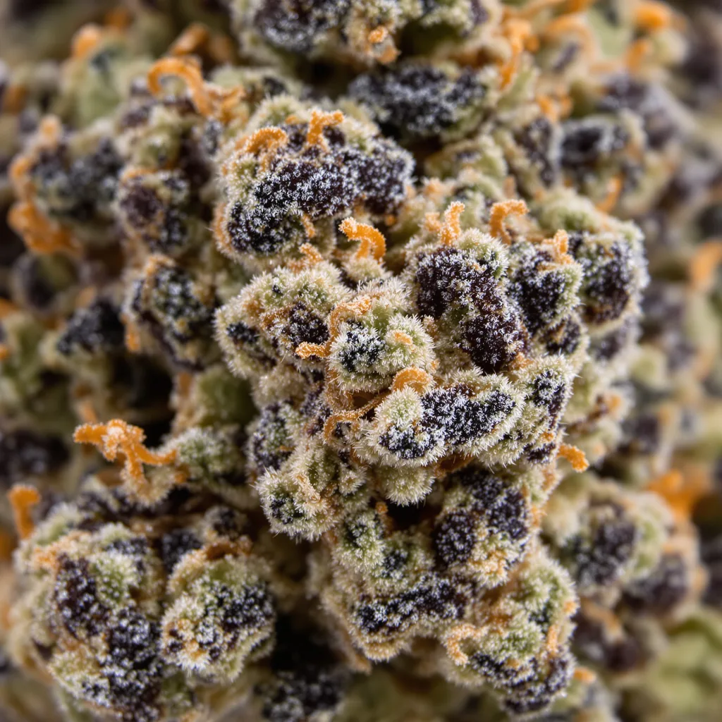 Gros plan de fleur de cannabis Sweet Lafayette montrant calices denses aux reflets violets