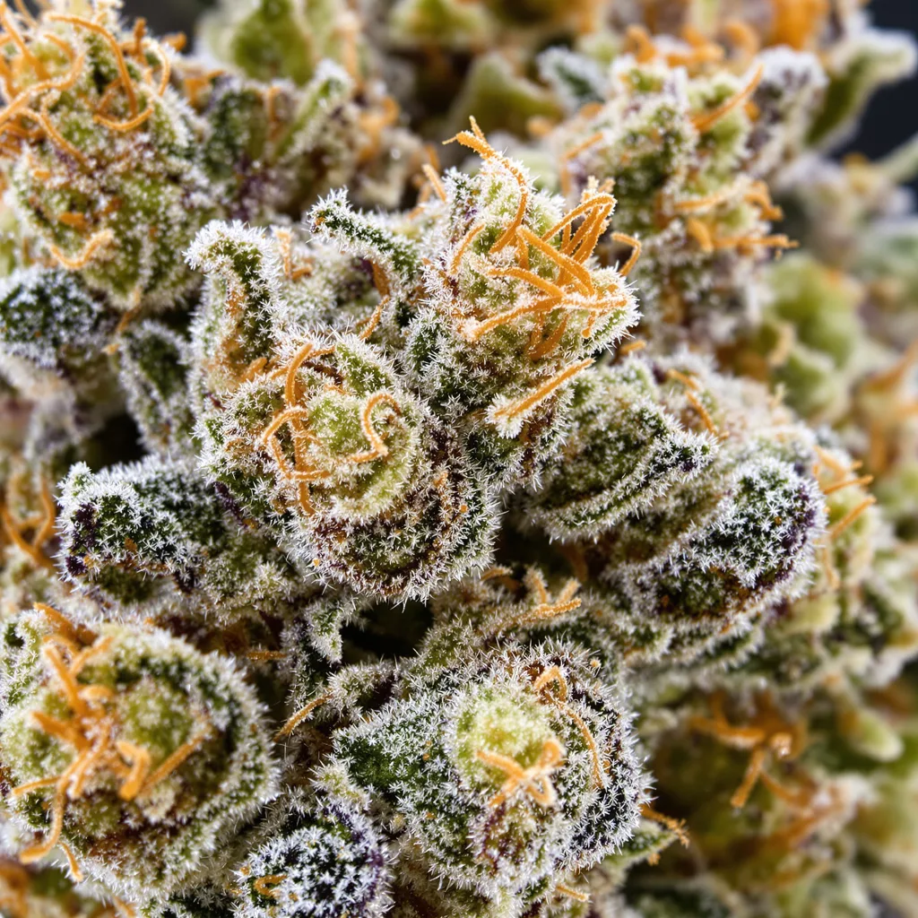 Gros plan de fleur de cannabis Sweet Nina montrant structure équilibrée avec trichomes givrés