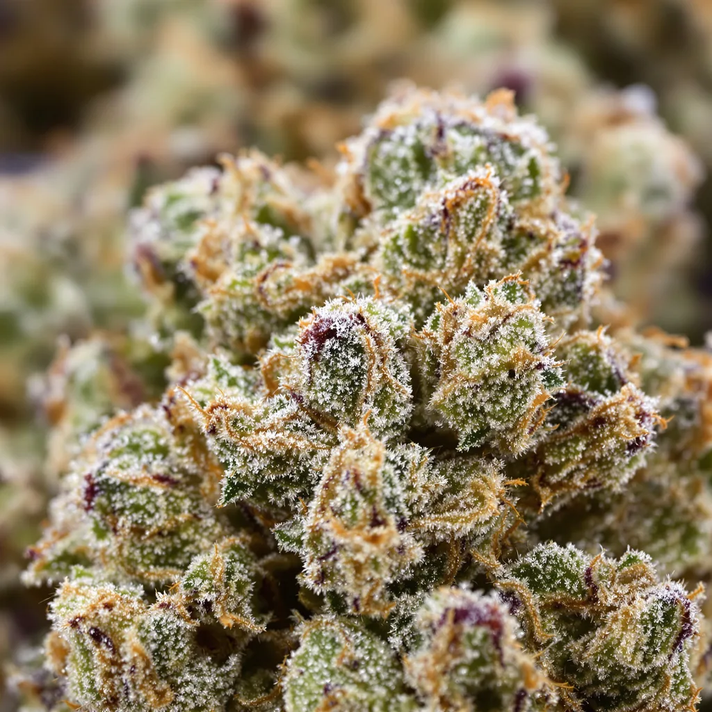 Gros plan de fleur de cannabis Sweet Nina montrant structure équilibrée avec trichomes givrés