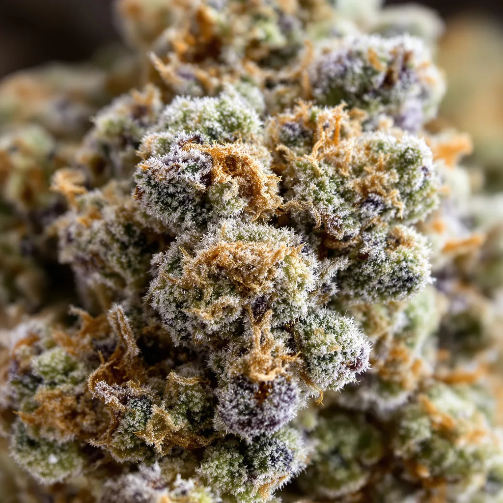 Gros plan de fleur de cannabis Sweet Pebbles montrant structure équilibrée avec trichomes givrés