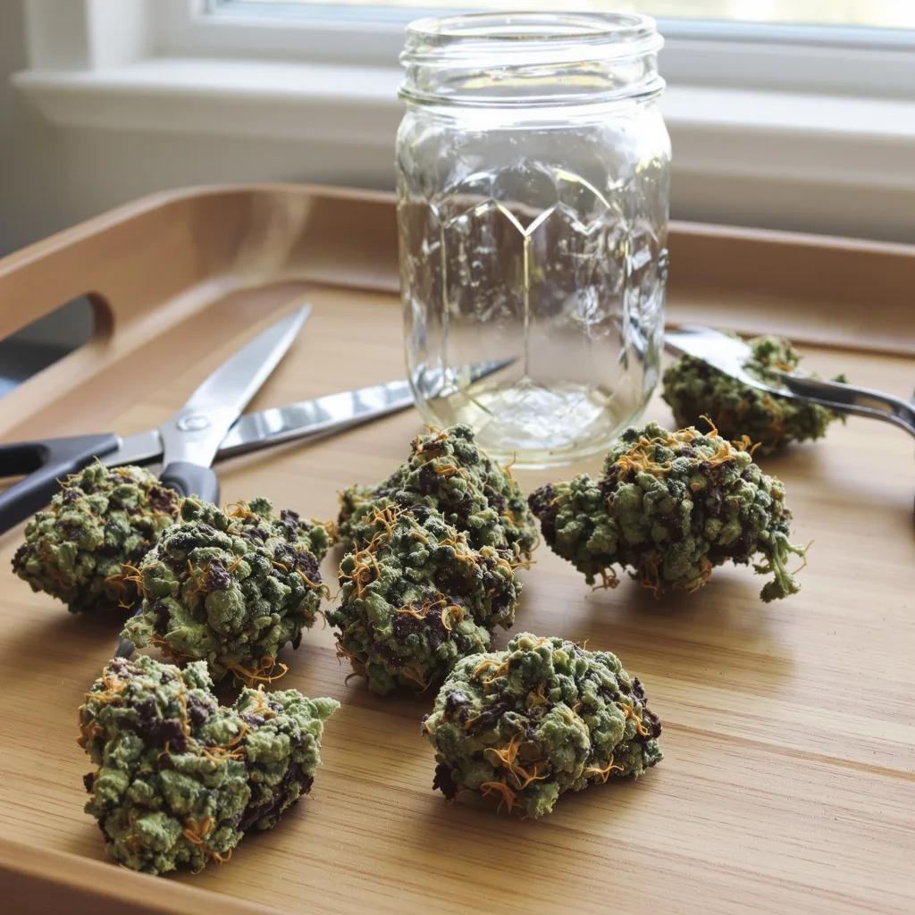 Swiss 72% indica / 28% sativa — fleur avec trichomes visibles