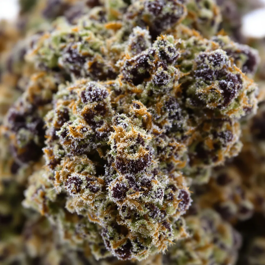 Gros plan de fleur de cannabis Swiss montrant calices denses aux reflets violets