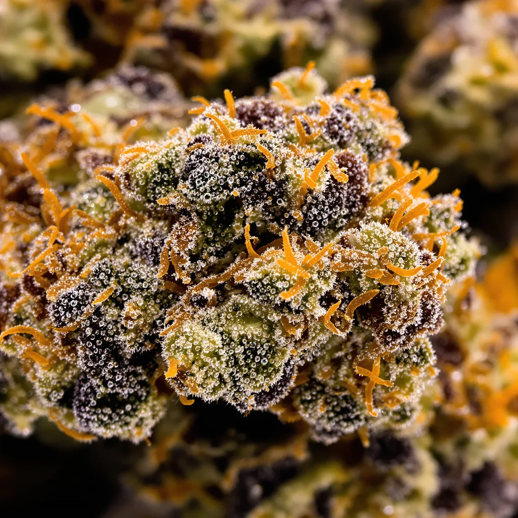 Gros plan de fleur de cannabis Tahoe Hydro OG montrant calices denses aux reflets violets