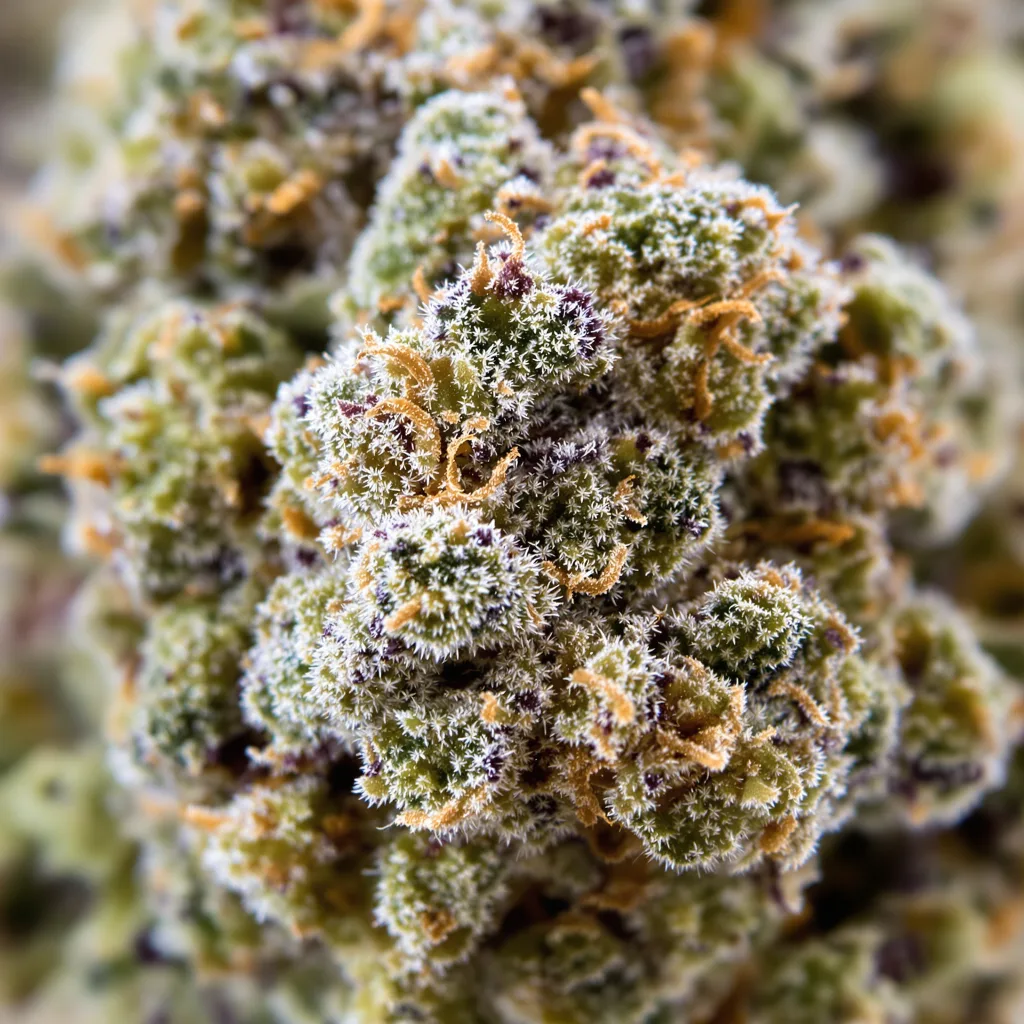 Gros plan de fleur de cannabis Tahoe OG montrant structure équilibrée avec trichomes givrés