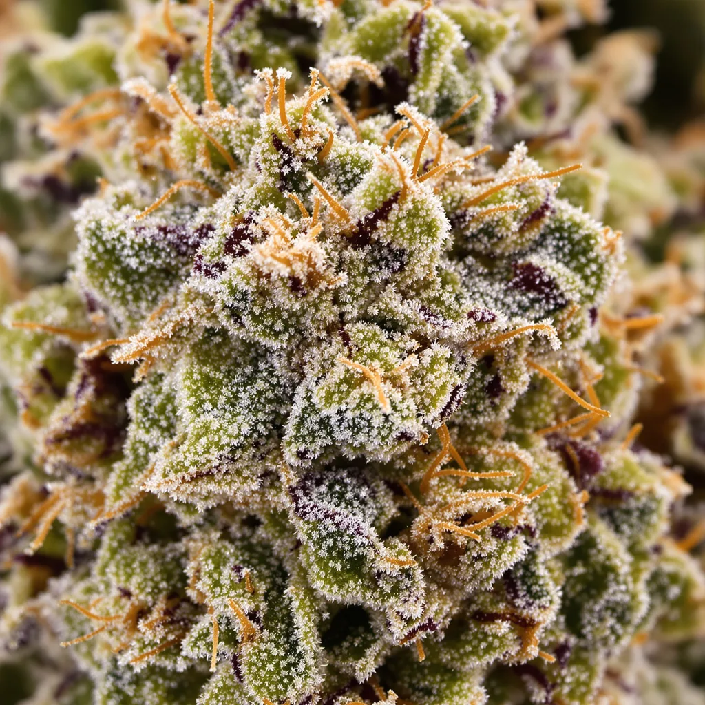 Gros plan de fleur de cannabis Tahoe OG Kush montrant nugs denses vert forêt