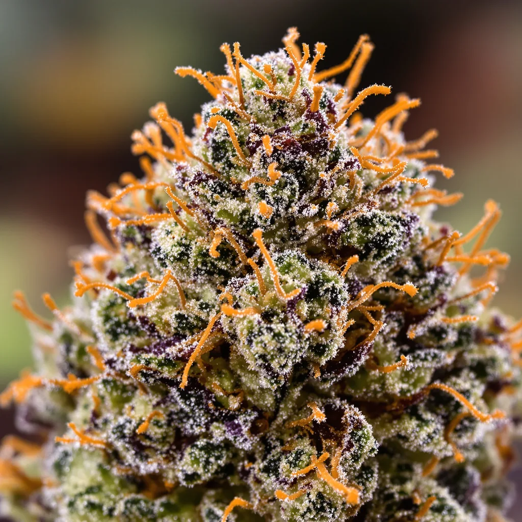 Gros plan de fleur de cannabis Tangerine Dream montrant calices denses aux reflets violets