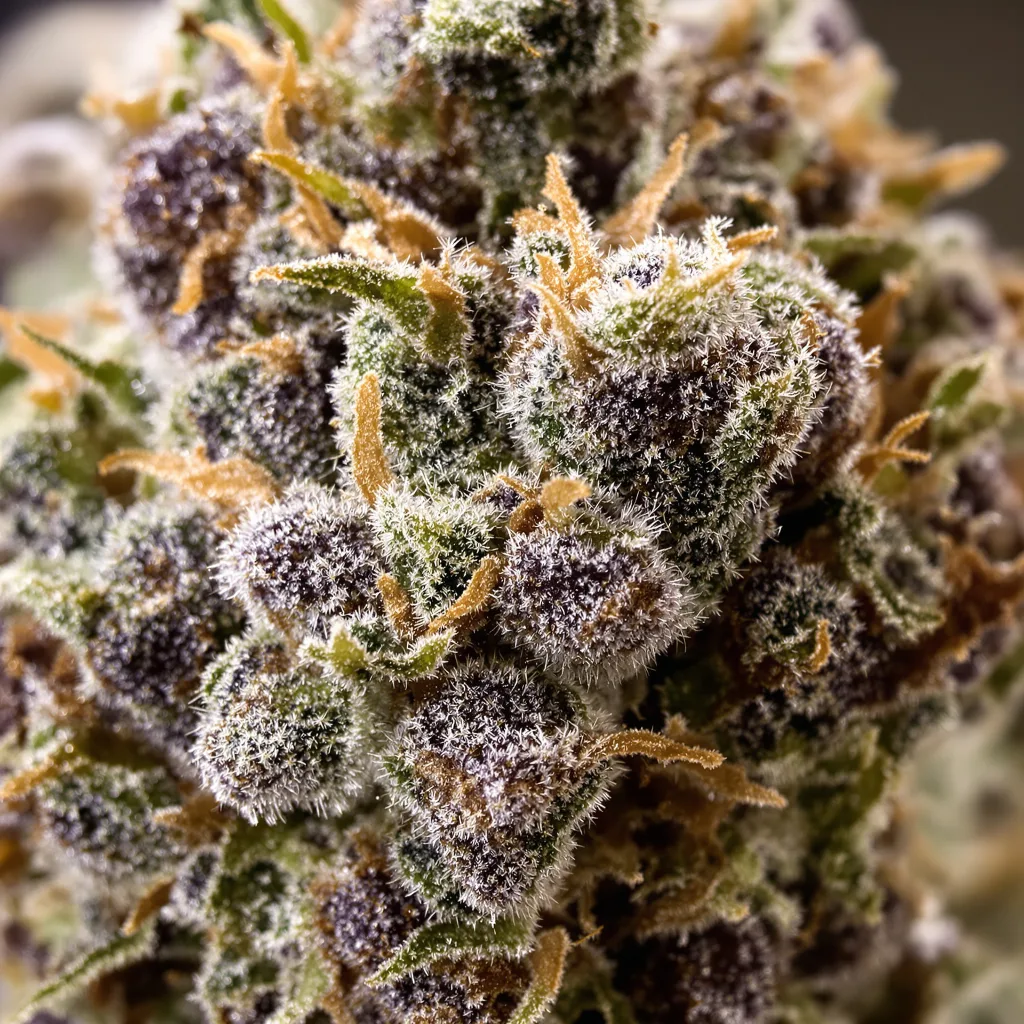 Gros plan de fleur de cannabis Tangerine Dream montrant calices denses aux reflets violets