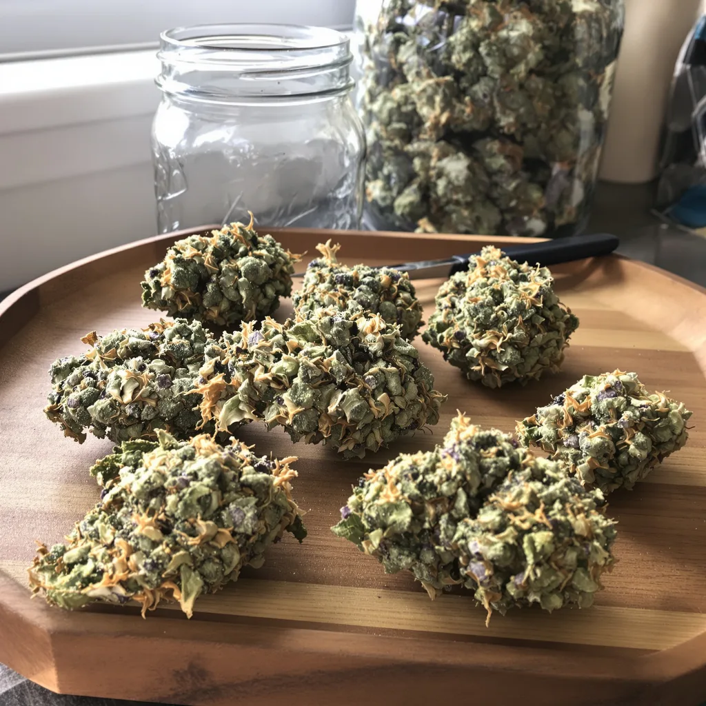 Tangerine 40% indica / 60% sativa — fleur avec trichomes visibles