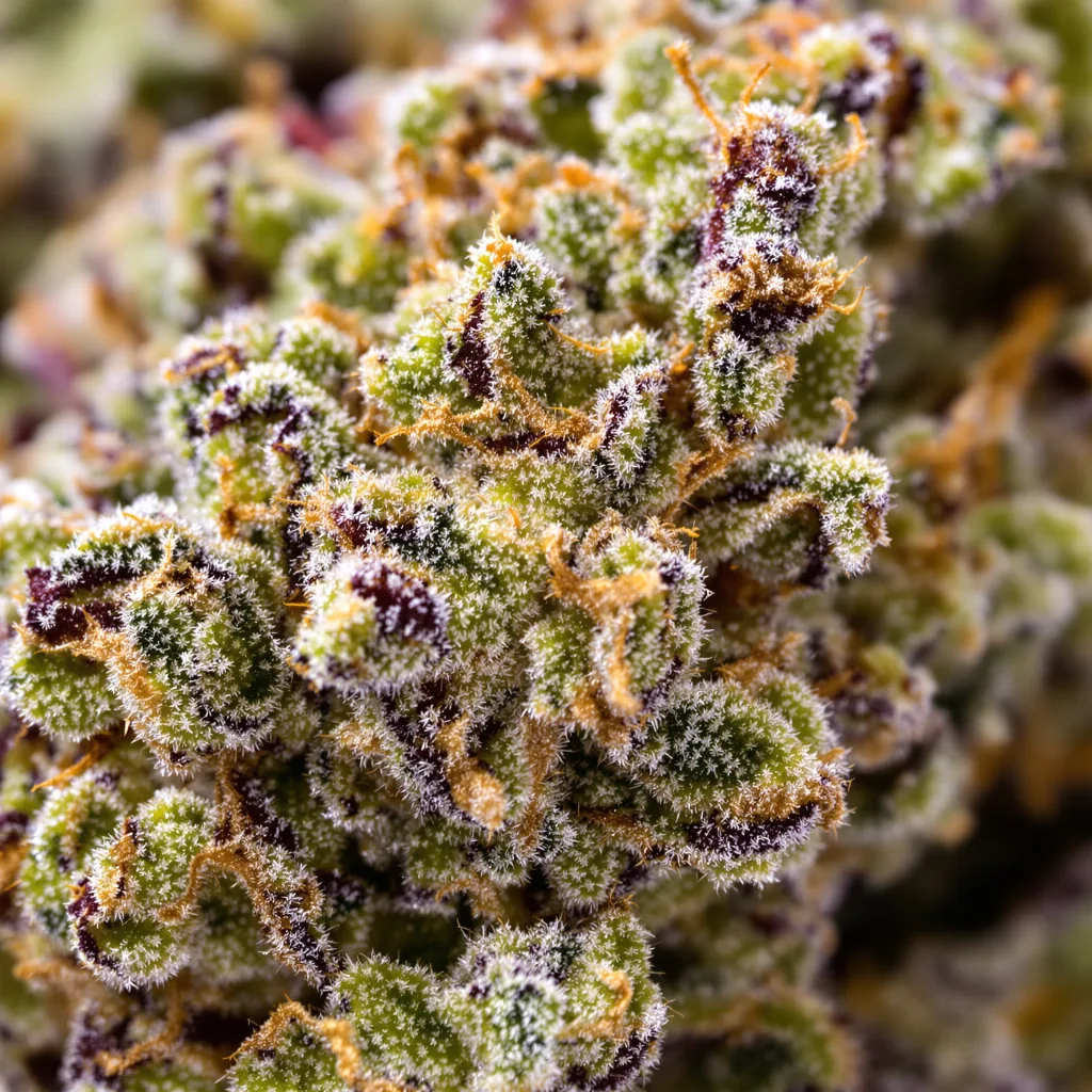 Gros plan de fleur de cannabis Tangerine montrant structure ouverte avec pistils orangés