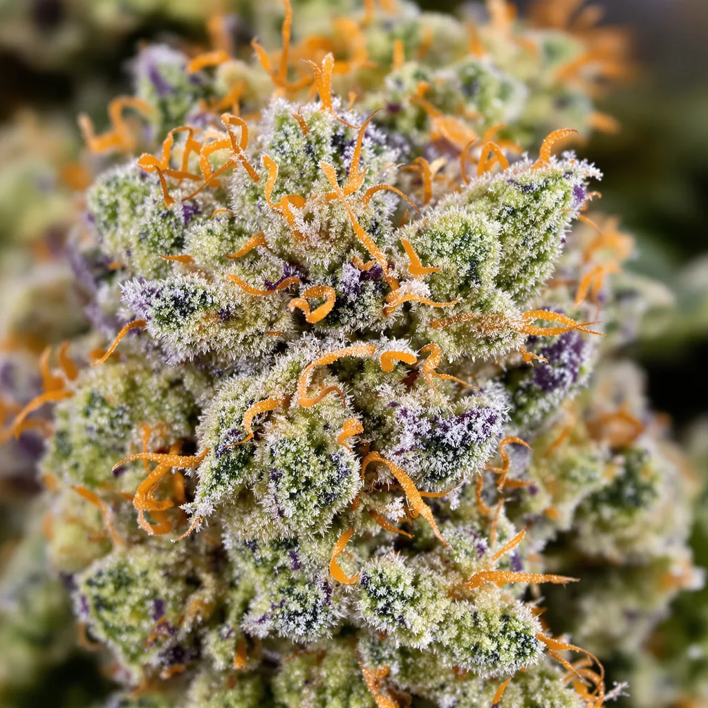 Gros plan de fleur de cannabis Tangerine Haze montrant structure ouverte avec pistils orangés