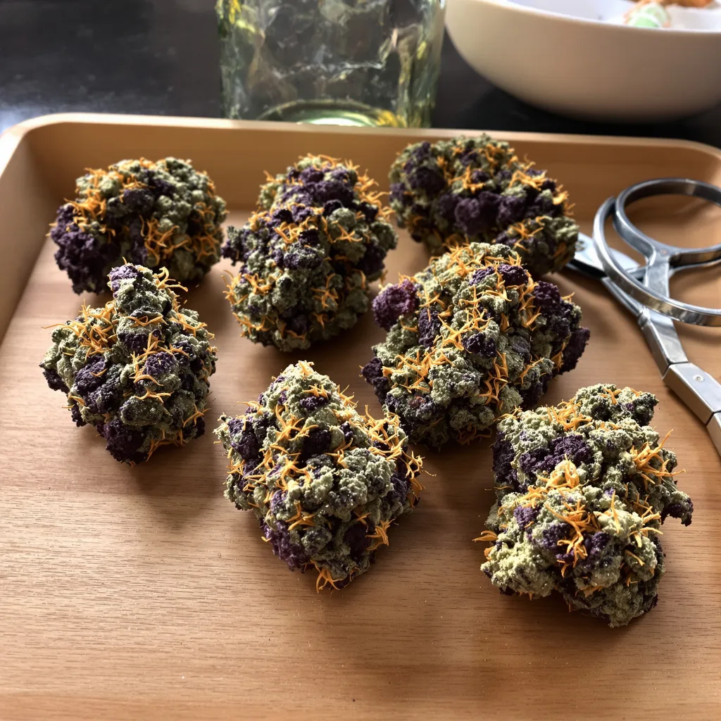 Tangerine Kush 70% indica / 30% sativa — fleur avec trichomes visibles