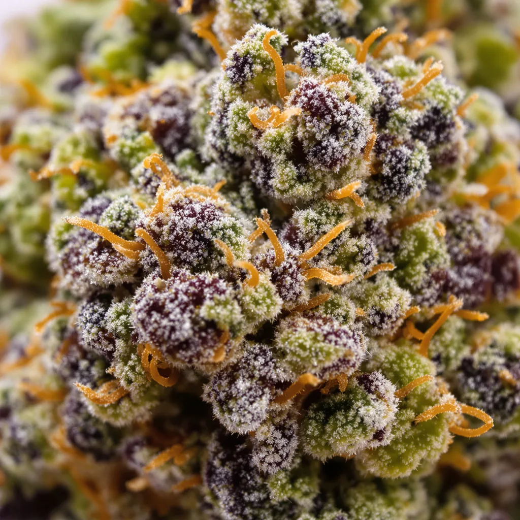 Gros plan de fleur de cannabis Tangerine Kush montrant calices denses aux reflets violets