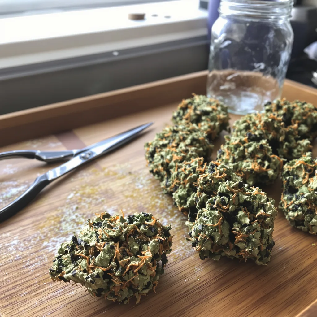 Tangerine Kush 70% indica / 30% sativa — fleur avec trichomes visibles