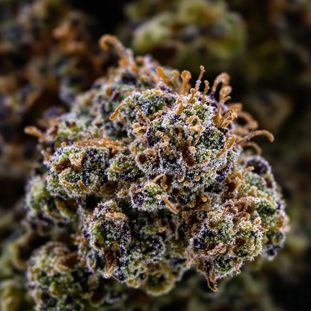 Gros plan de fleur de cannabis Tangerine Kush montrant calices denses aux reflets violets