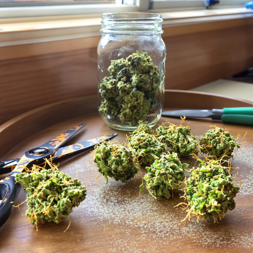 Tangerine Power 50% indica / 75% sativa — fleur avec trichomes visibles