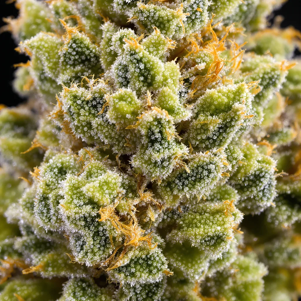 Gros plan de fleur de cannabis Tangerine Power montrant structure aérée vert lime