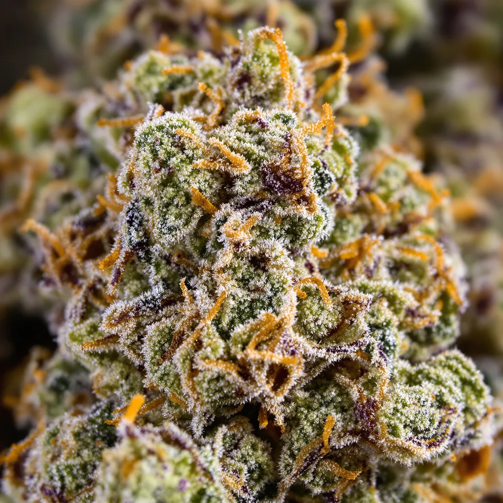 Gros plan de fleur de cannabis Tangie Dream Book montrant structure ouverte avec pistils orangés