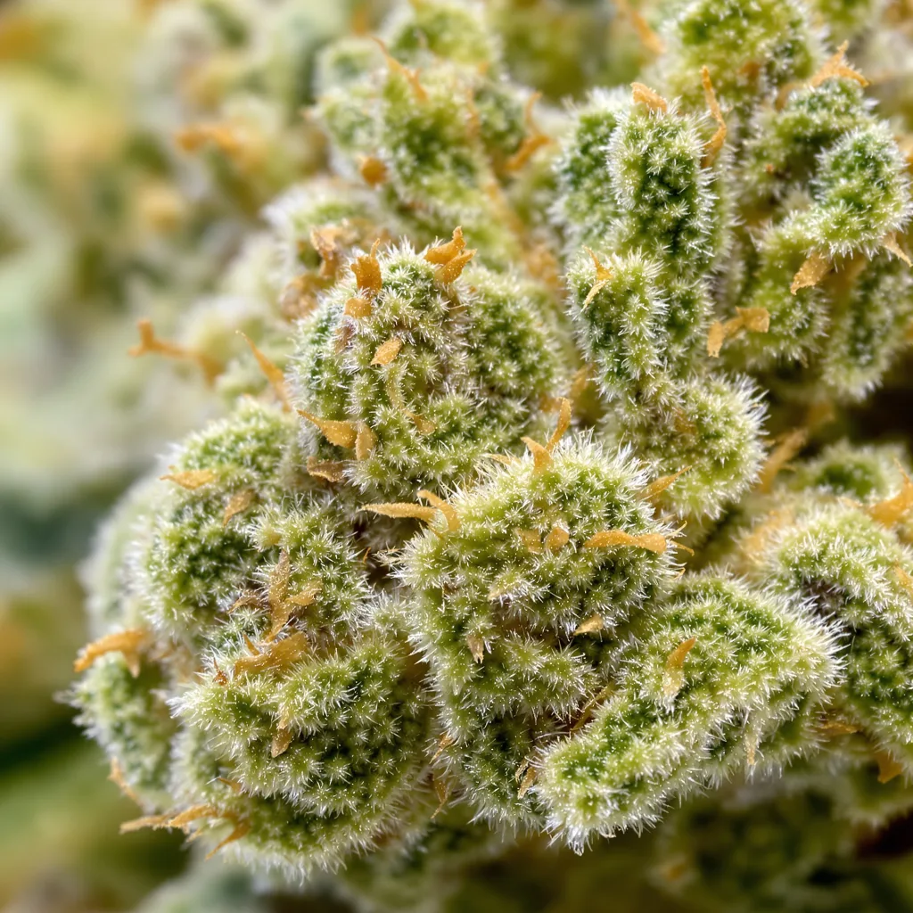 Gros plan de fleur de cannabis Tangilope montrant structure aérée vert lime