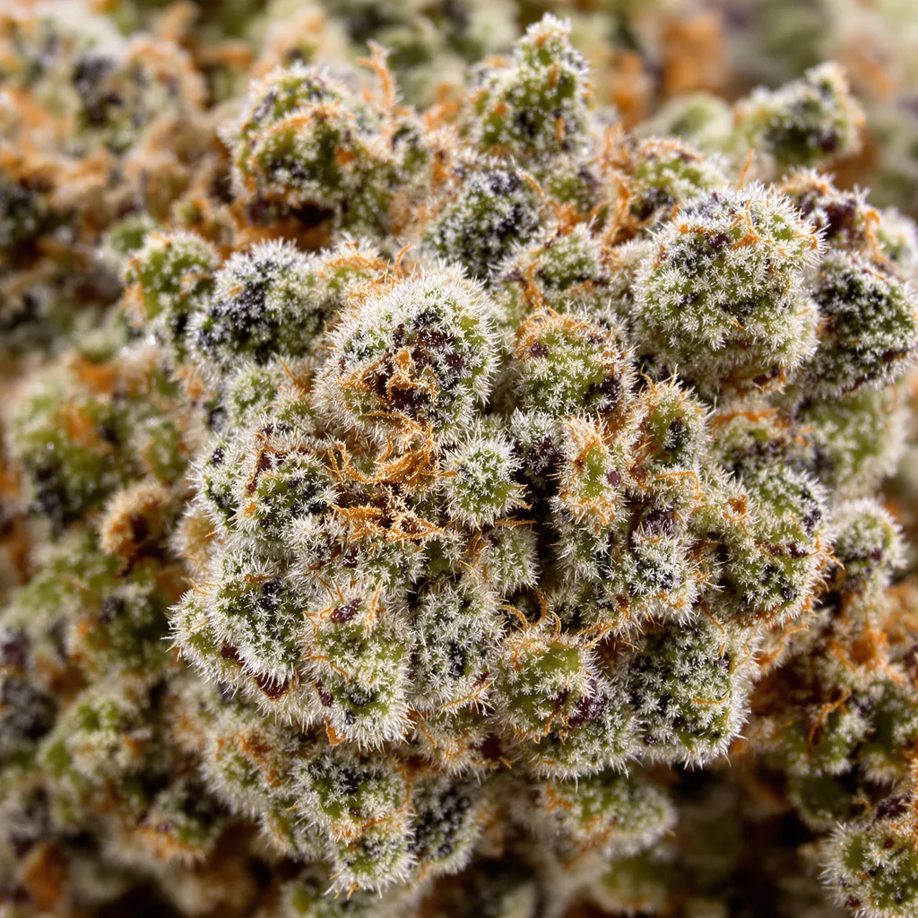 Gros plan de fleur de cannabis Tango montrant structure équilibrée avec trichomes givrés