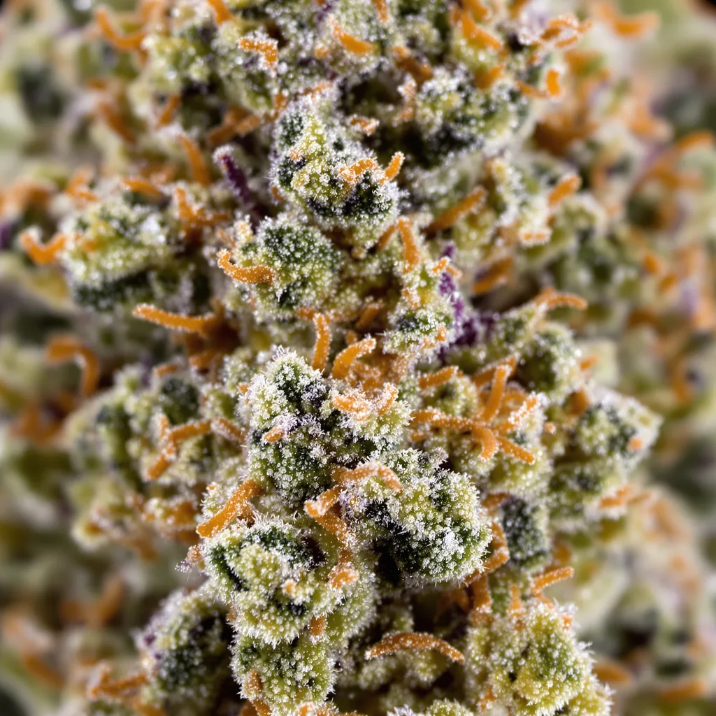 Gros plan de fleur de cannabis Tembo Kush montrant structure équilibrée avec trichomes givrés