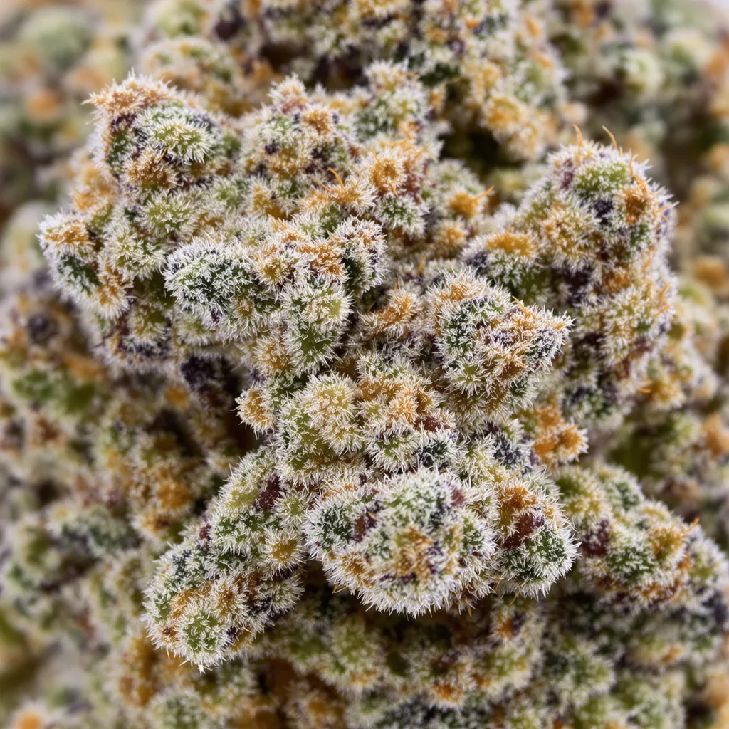 Gros plan de fleur de cannabis Tembo Kush montrant structure équilibrée avec trichomes givrés