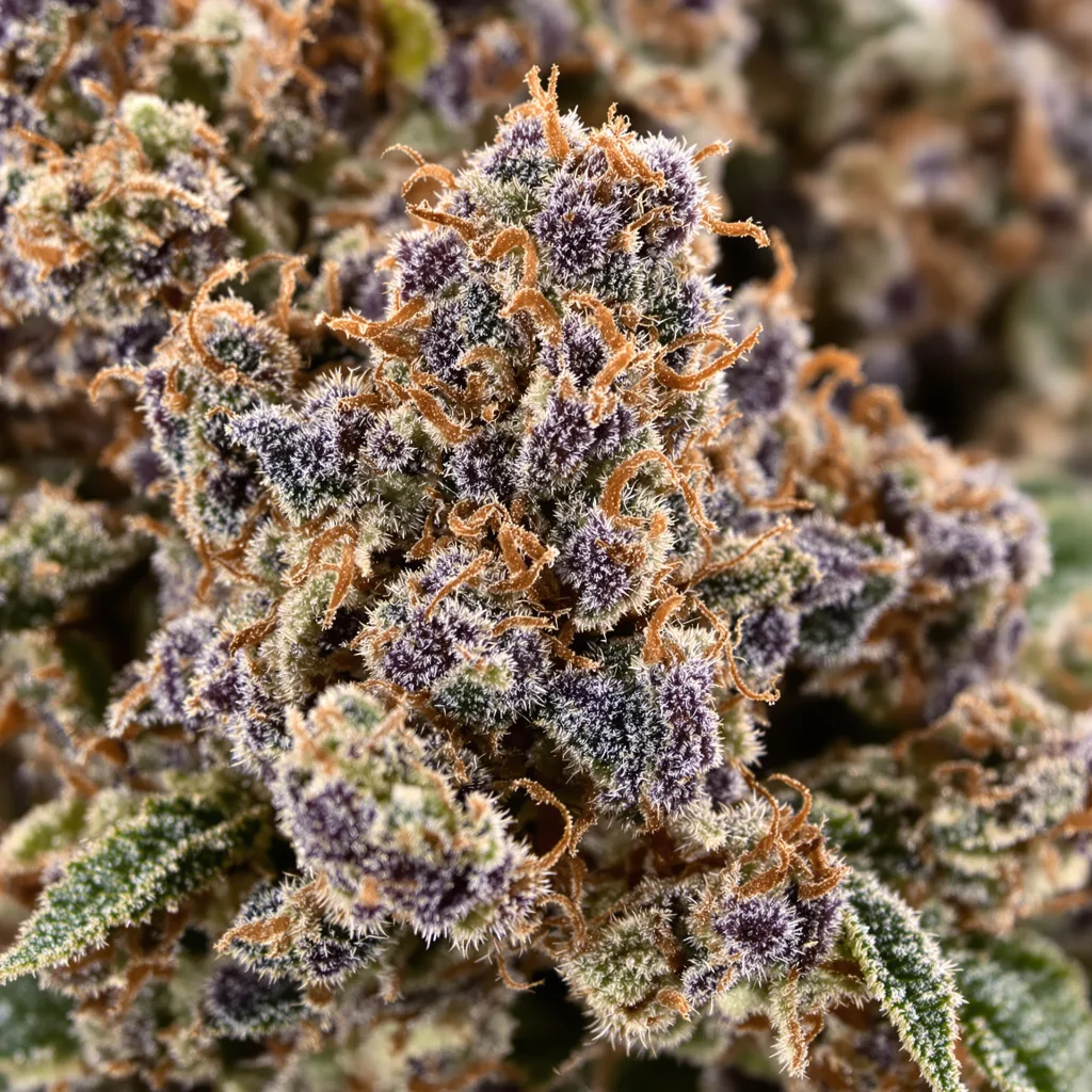 Gros plan de fleur de cannabis Terminator OG montrant calices denses aux reflets violets