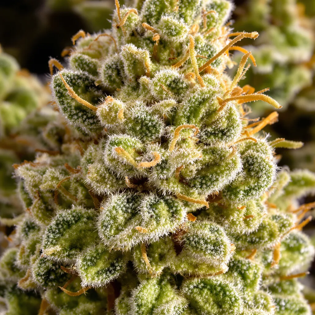 Gros plan de fleur de cannabis Thai montrant structure aérée vert lime