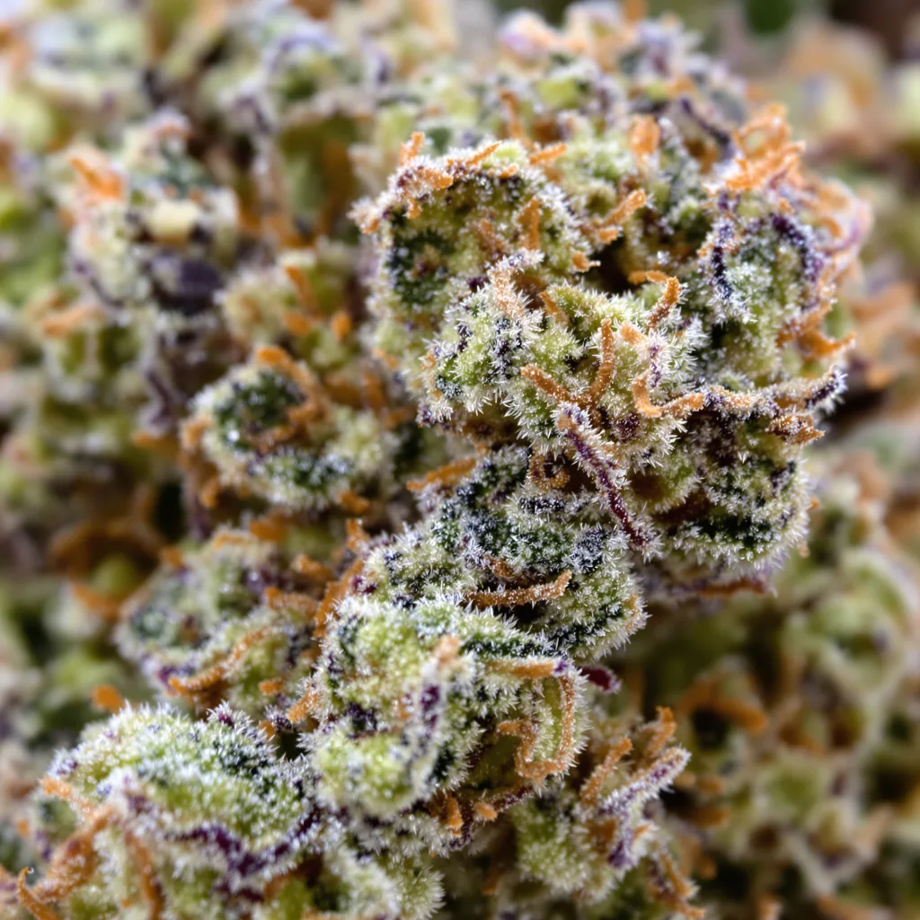Gros plan de fleur de cannabis THC Bomb montrant nugs denses vert forêt