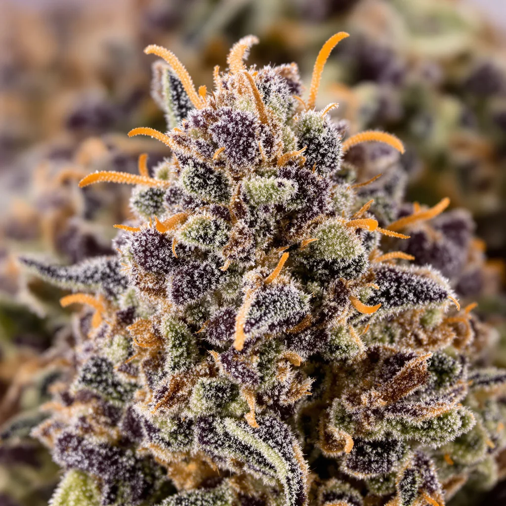 Gros plan de fleur de cannabis The Big Stink montrant calices denses aux reflets violets