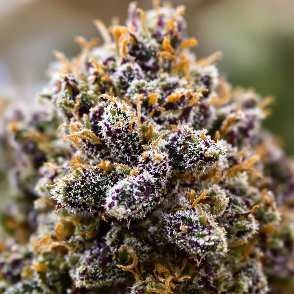 Gros plan de fleur de cannabis The Hog montrant calices denses aux reflets violets