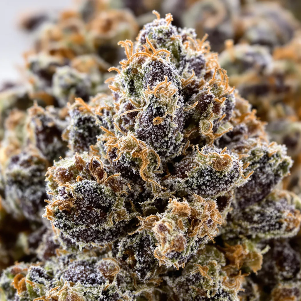 Gros plan de fleur de cannabis The OX montrant calices denses aux reflets violets