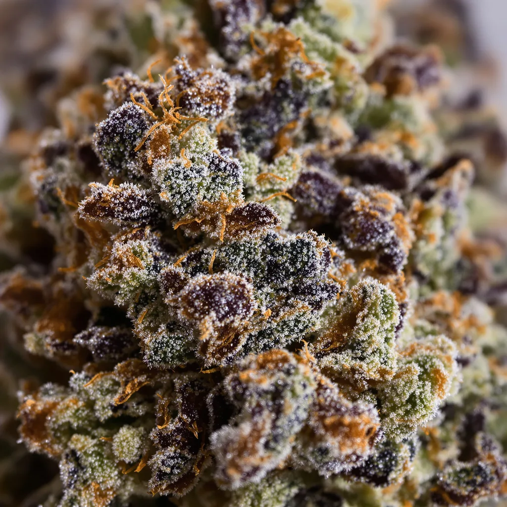 Gros plan de fleur de cannabis The Sister montrant calices denses aux reflets violets