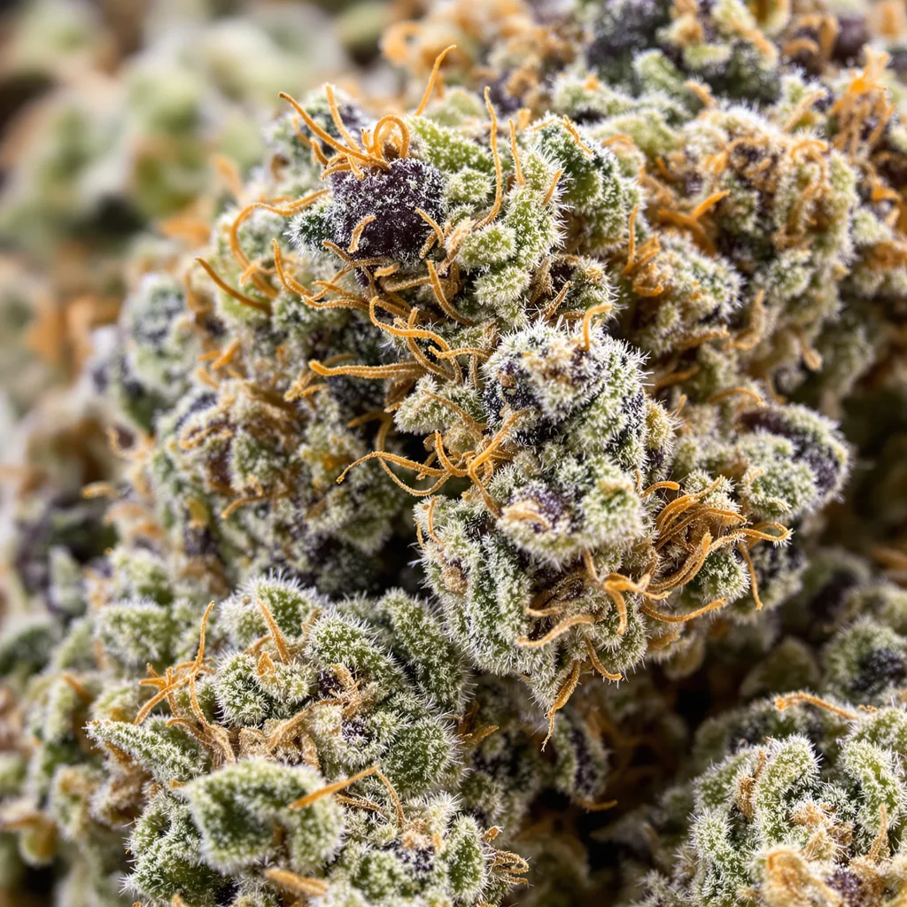 Gros plan de fleur de cannabis The White montrant calices denses aux reflets violets
