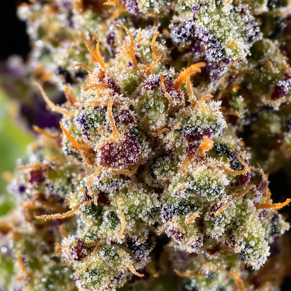 Gros plan de fleur de cannabis Thin Mint GSC montrant structure équilibrée avec trichomes givrés