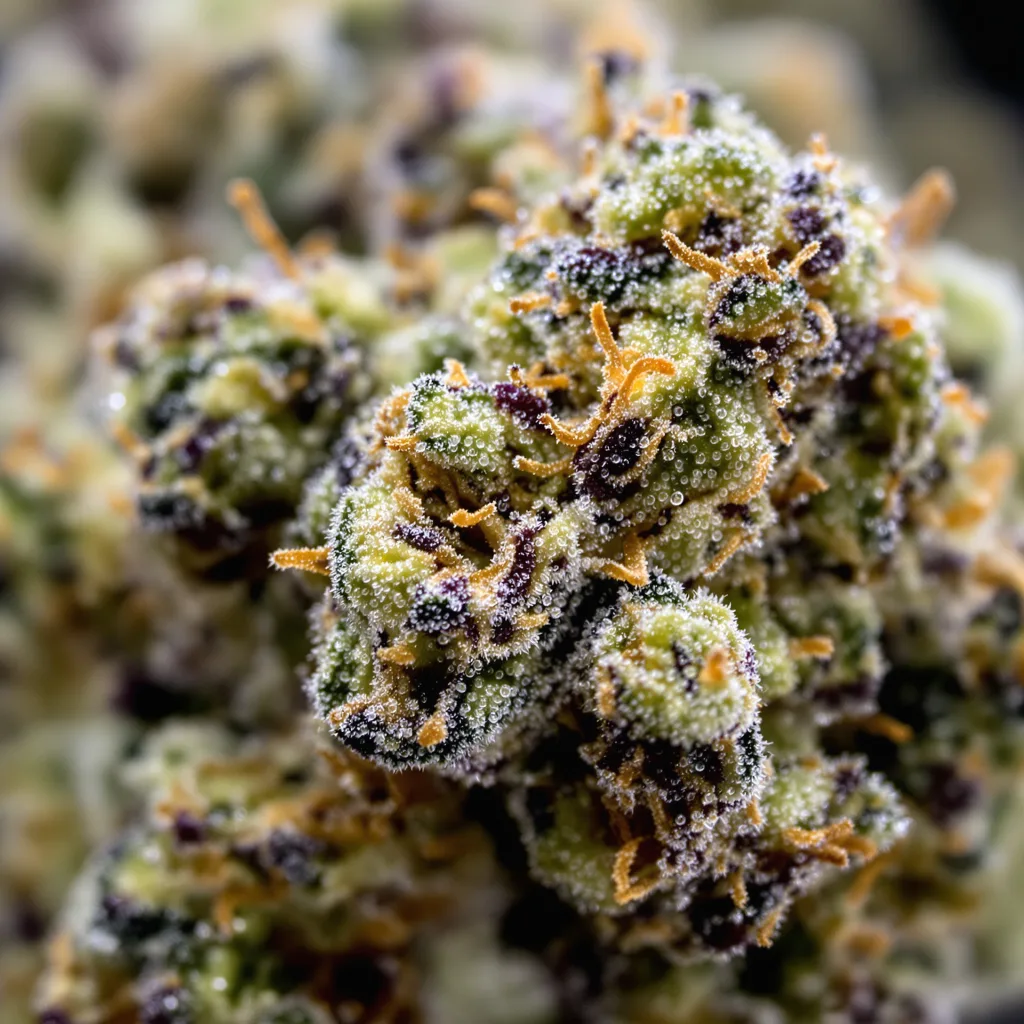 Gros plan de fleur de cannabis Tiger’s Milk montrant structure équilibrée avec trichomes givrés