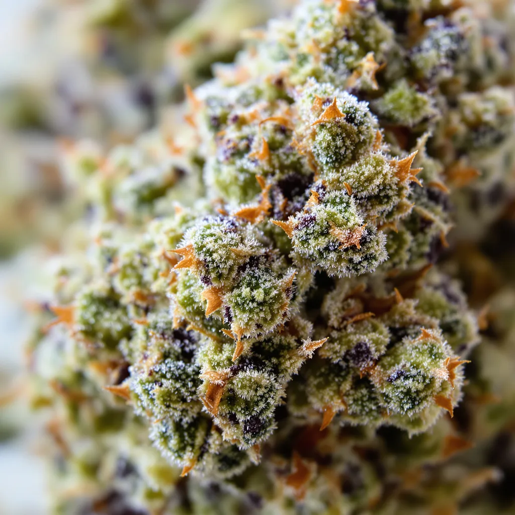 Gros plan de fleur de cannabis Tiger Woods montrant structure équilibrée avec trichomes givrés