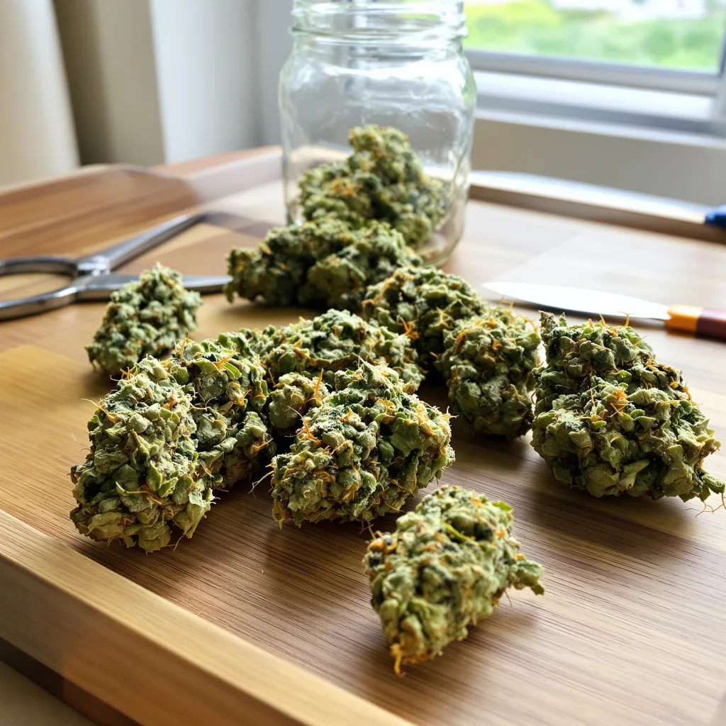 Timewreck 25% indica / 75% sativa — fleur avec trichomes visibles