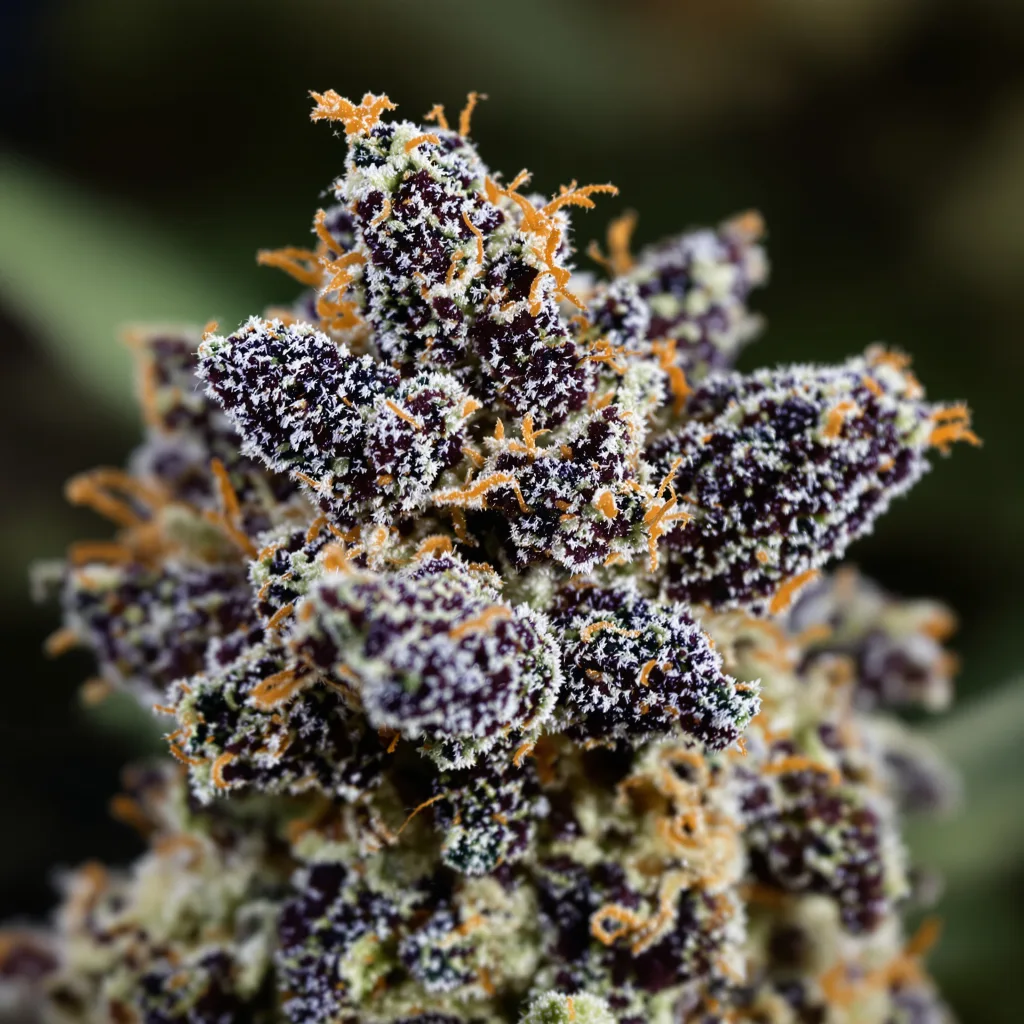 Gros plan de fleur de cannabis Tora Bora montrant calices denses aux reflets violets