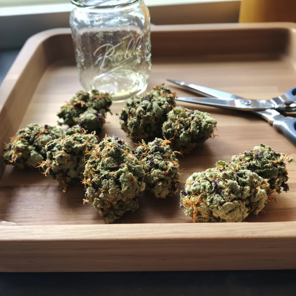 Trainwreck 40% indica / 60% sativa — fleur avec trichomes visibles