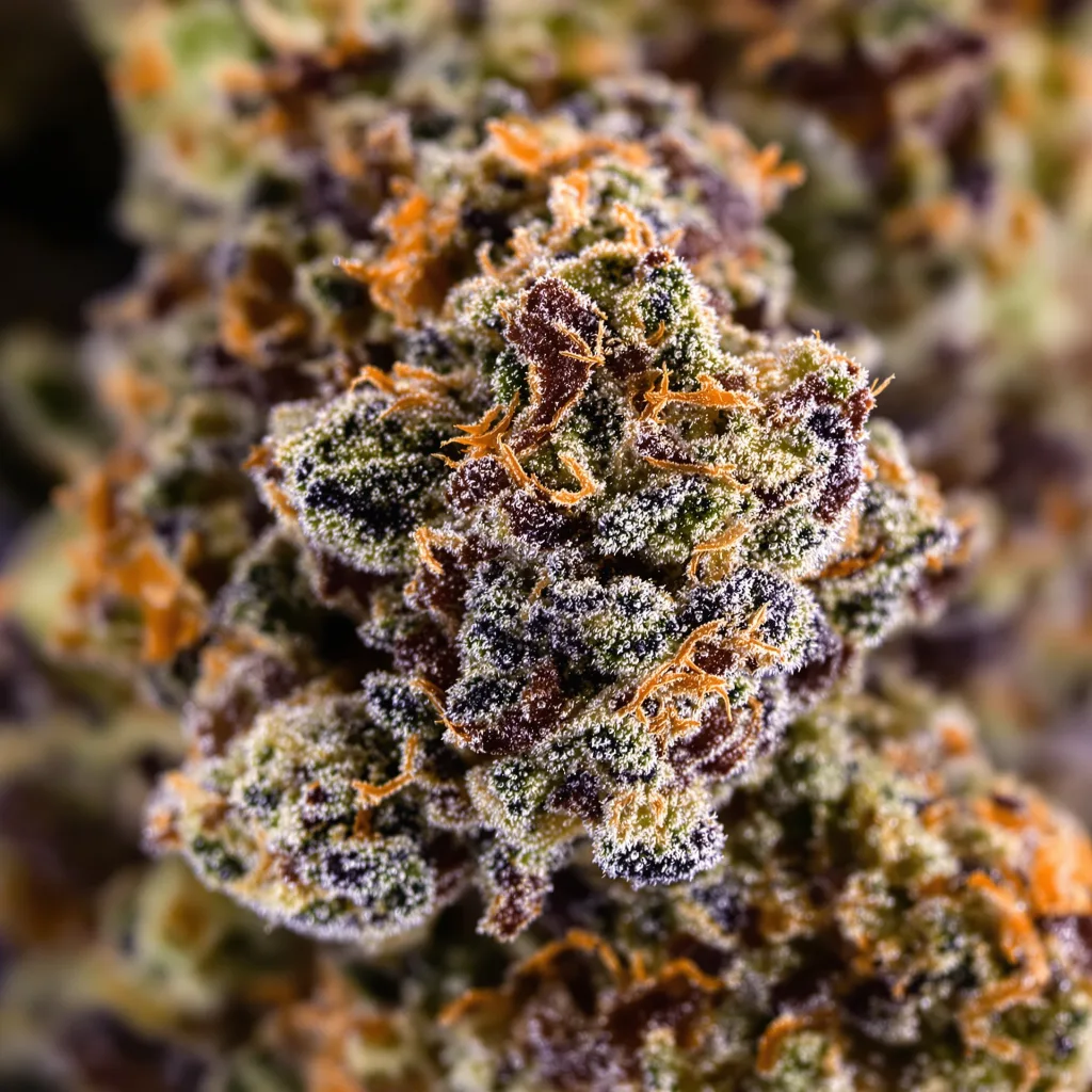 Gros plan de fleur de cannabis Trash montrant calices denses aux reflets violets