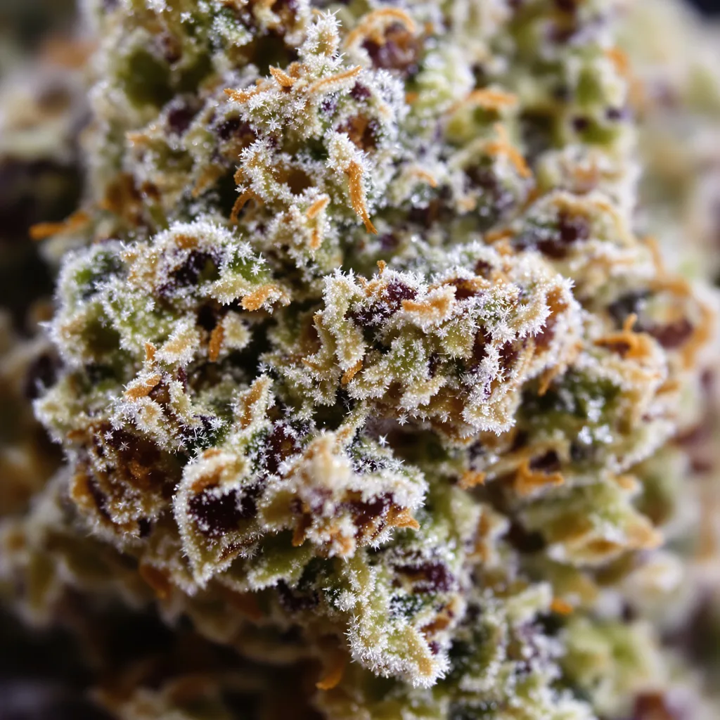 Gros plan de fleur de cannabis Treasure Island montrant structure ouverte avec pistils orangés