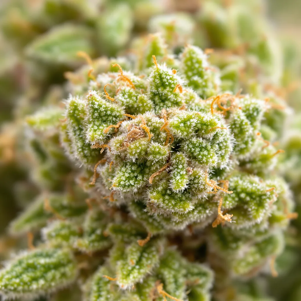 Gros plan de fleur de cannabis Tree of Life montrant structure aérée vert lime