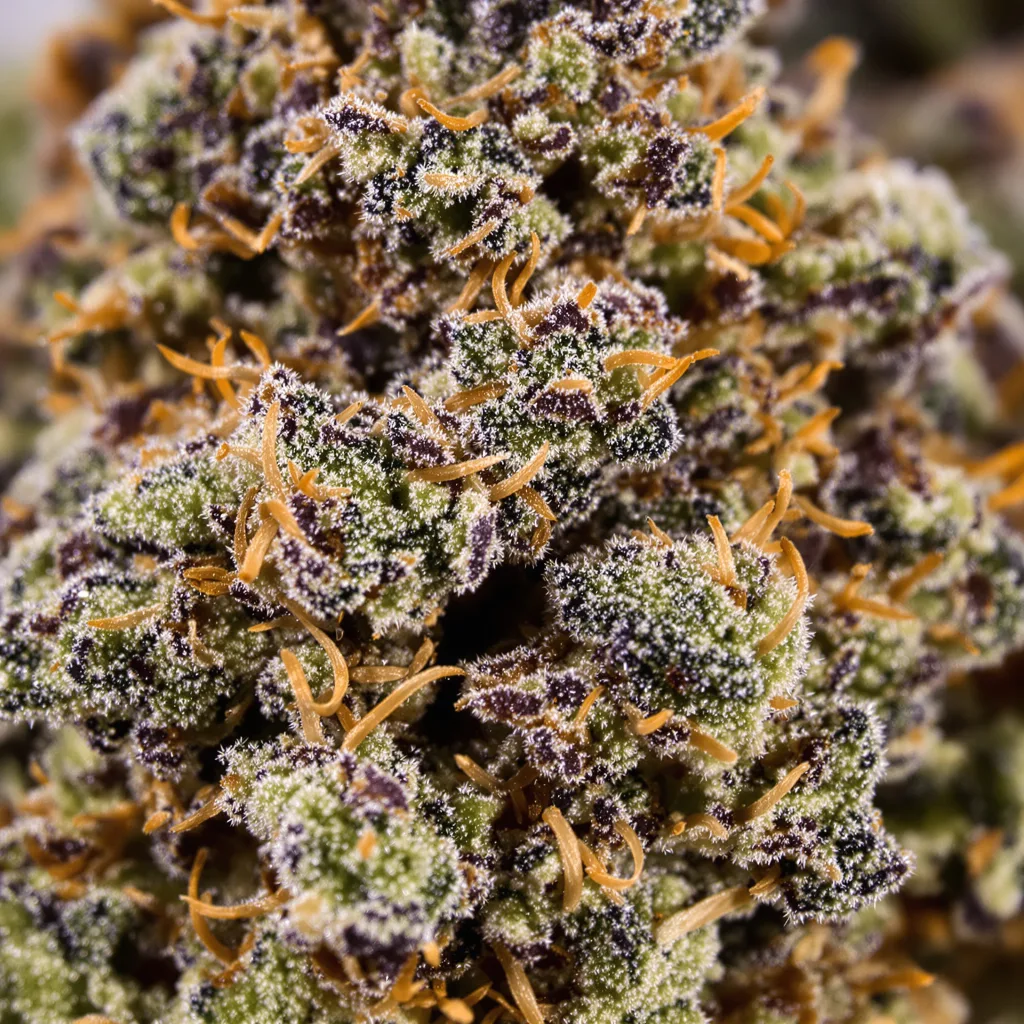 Gros plan de fleur de cannabis Triple Cheese montrant calices denses aux reflets violets