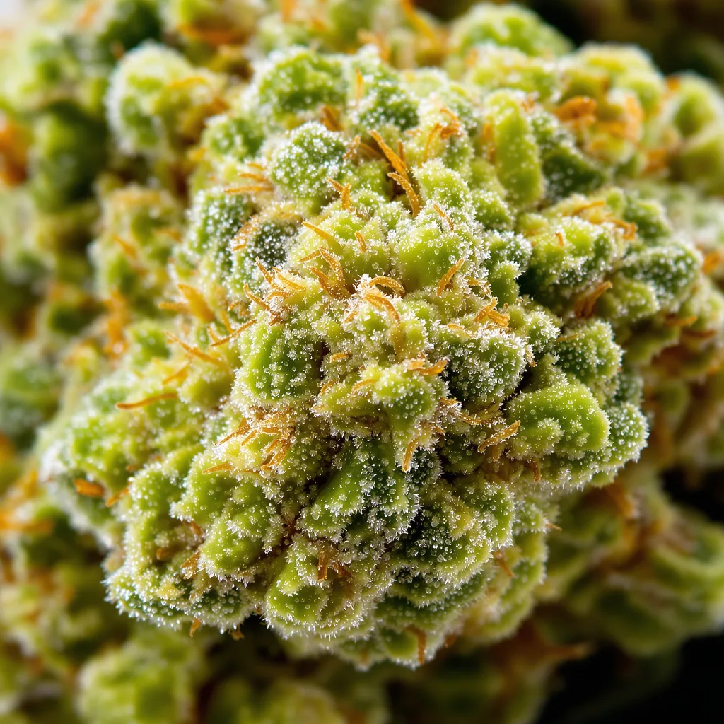 Gros plan de fleur de cannabis Tropic Thunder montrant structure aérée vert lime