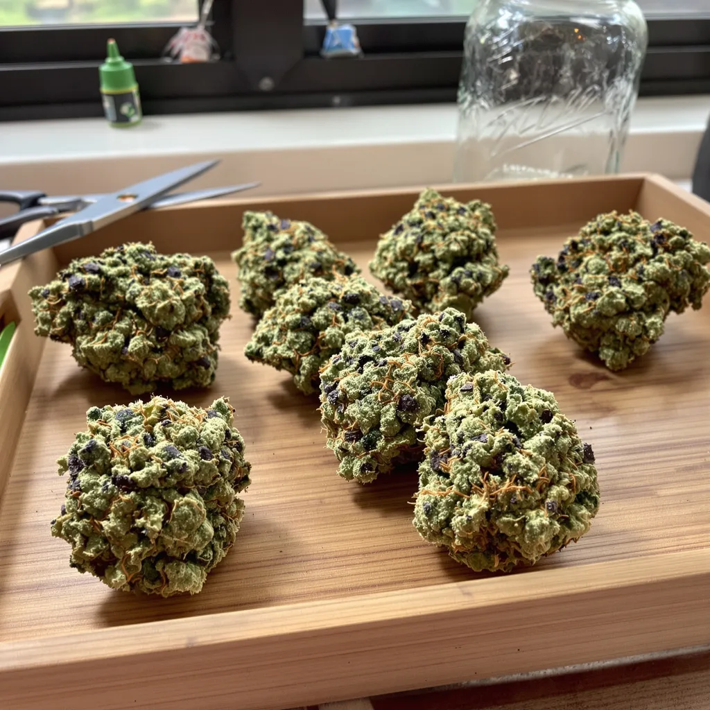 Tropicana Cookies 40% indica / 60% sativa — fleur avec trichomes visibles