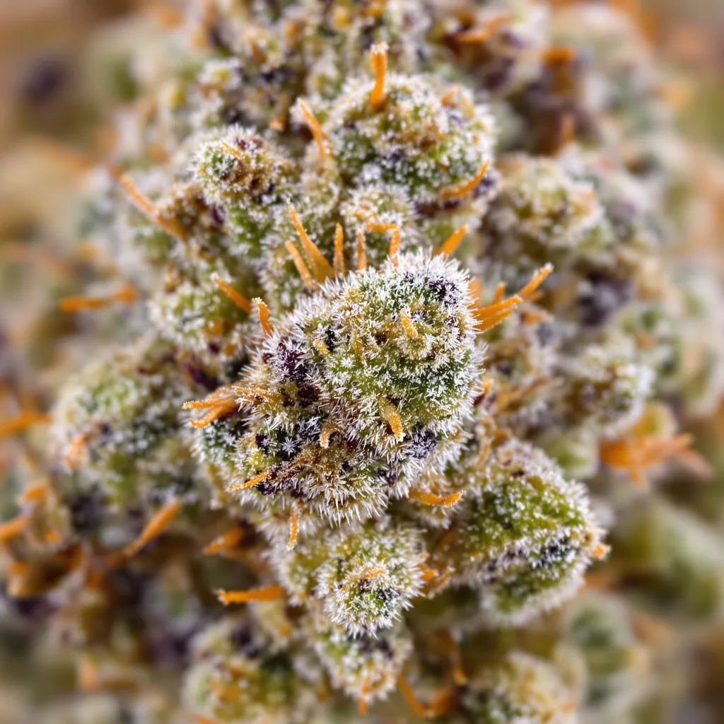 Gros plan de fleur de cannabis Tropicana Cookies montrant structure ouverte avec pistils orangés