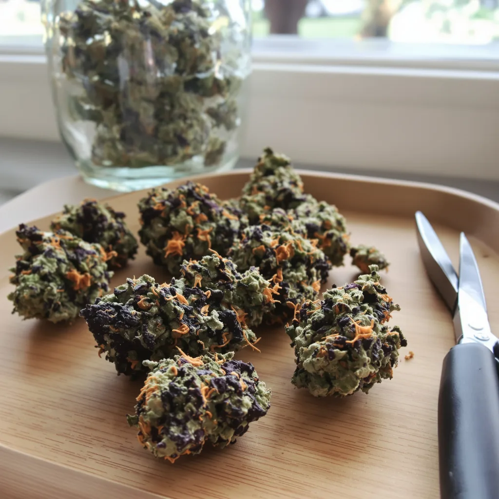 Tropicana Cookies Purple 76% indica / 24% sativa — fleur avec trichomes visibles