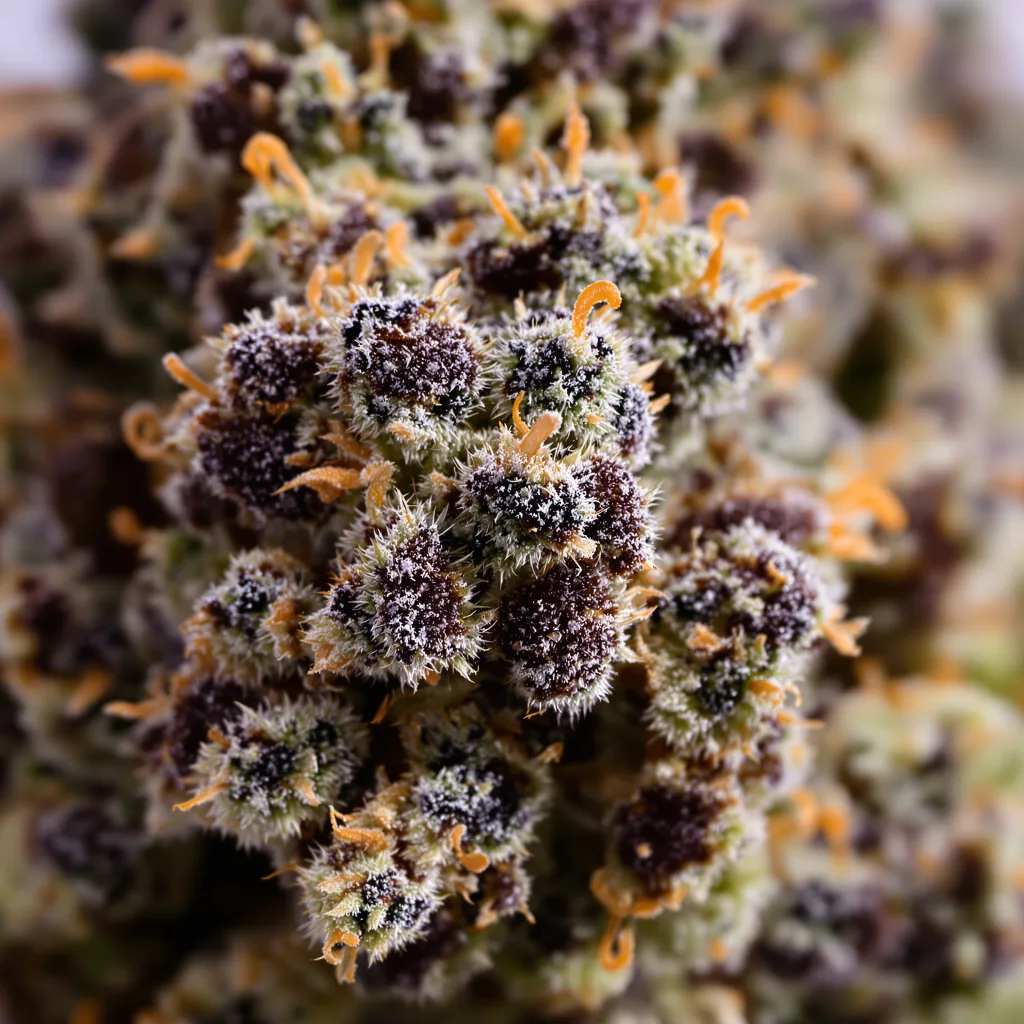 Gros plan de fleur de cannabis Tropicana Cookies Purple montrant calices denses aux reflets violets